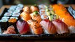 Artisanal sushi platter, vibrant colors, authentic Japanese ambiance