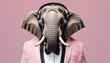 elephant in a suit with sunglasses and headphones. Pastel background