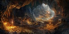 Cave Of Wonders Filled With Gold- Set Inside A Vast Cave Brimming With Gold Coins, Gem-encrusted Goblets, And Priceless Artifacts, Lit By The Glow Of Torches Created With Generative AI Technology