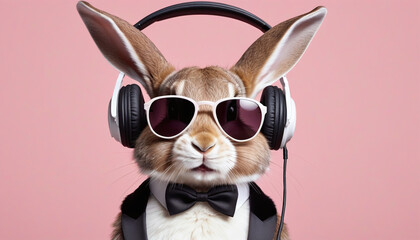 Wall Mural - rabbit in a suit with sunglasses and headphones. Pastel background