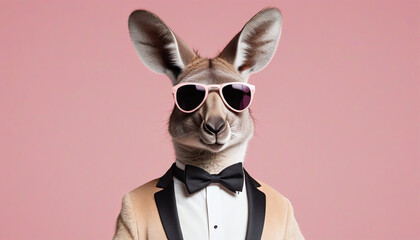 Wall Mural - kangaroo in a suit with sunglasses and headphones. Pastel background