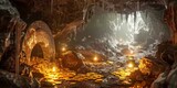 Fototapeta  - Cave of Wonders Filled with Gold- Set inside a vast cave brimming with gold coins, gem-encrusted goblets, and priceless artifacts, lit by the glow of torches created with Generative AI Technology