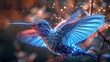 A hummingbird in radiant flight its iridescent feathers illuminated by blue light