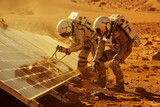 Fototapeta  - astronauts installing solar panels or other renewable energy sources