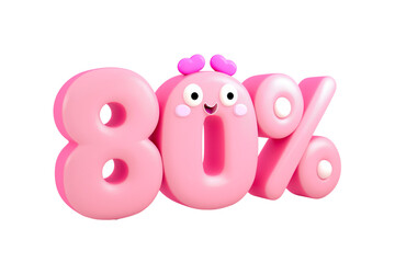 3D cute 80% Kawaii style lettering with a funny smiley face, the concept of special discounts and offers, promotions and sales