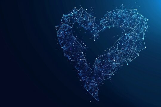 The digital heart icon is formed from particles in a network cloud of lines and points,Love symbol. Valentines day background. Lines, triangles and particle style design