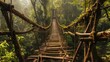 Jungle Bridge Vines Background - Over a Ravine a precarious bridge made of vines and wooden planks, stretching across a deep ravine in the heart of the jungle created with Generative AI Technology