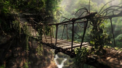  Jungle Bridge Vines Background - Over a Ravine a precarious bridge made of vines and wooden planks, stretching across a deep ravine in the heart of the jungle created with Generative AI Technology