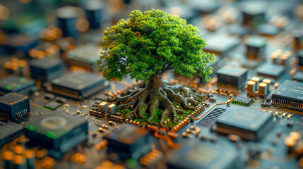 Poster - a green tree growing on a microcircuit