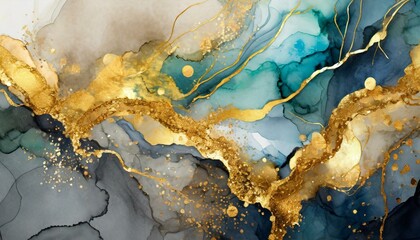 Marble ink abstract art background. Luxury abstract fluid art painting in alcohol ink technique, mixture of blue, orange and gold paints