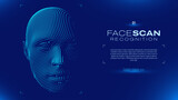 Fototapeta  - Face ID Scan Recognition AI. Artificial Intelligence Concept. Abstract Digital Particles Human Face. Robotics Concept. Wireframe Head Science Fiction Concept. Vector Illustration. Deep Learning Art.