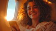 modern woman smiling holding phone and looking over the seat in interior airplane, GOL AIRLINES sun inside the window, AI Generative