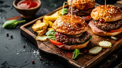 Generative AI : Gourmet Tasty Steak Burgers with Ham Slices on a Wooden Tray with Potato Wedges and Dipping Sauce.