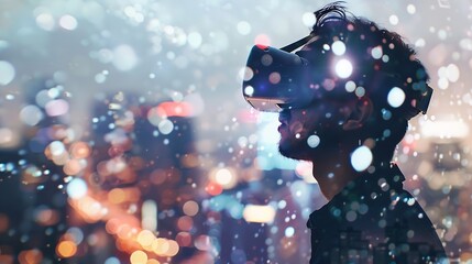 Aufkleber - Generative AI : Double exposure, young man wearing virtual reality goggles