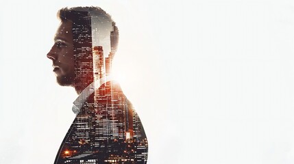 Poster - Generative AI : Side view of confident young businessman with double exposure of abstract cityscape