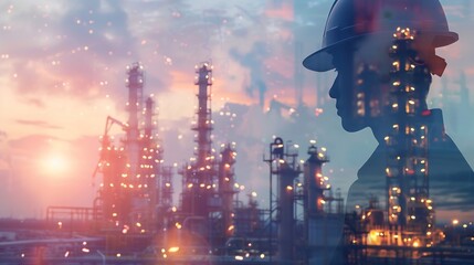 Leinwandbilder - Generative AI : Double exposure of Engineer with oil refinery industry plant background