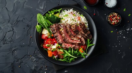 Wall Mural - Generative AI : Beef steak, rice and vegetable power bowl. Healthy balanced food concept. On a dark background, top view