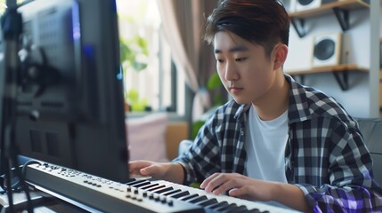 Poster - Generative AI : young asian male composer playing midi keyboard for arranging a song on computer 