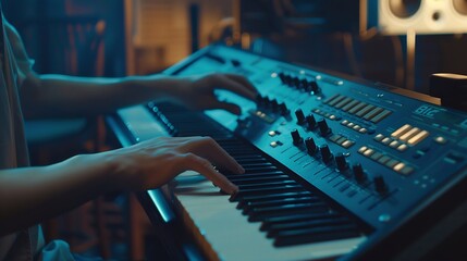 Poster - Generative AI : asian male composer playing midi keyboard synthesizer for making music in sound studio