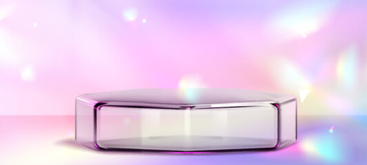 Poster - Glass transparent hexagon product podium on abstract holographic background with light flash effect. Realistic vector illustration of crystal goods display platform. Plexiglass glossy stand.