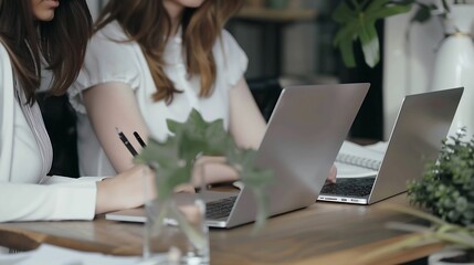 Aufkleber - Generative AI : Women work on laptop on the table at the office with information documents.