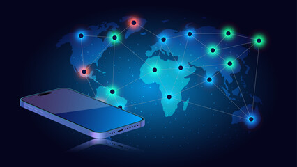 Poster - A mobile smartphone with a global network connection of business, technology, and connectivity. Concept of network integration, cloud computing, globalization, and social networking. Vector.