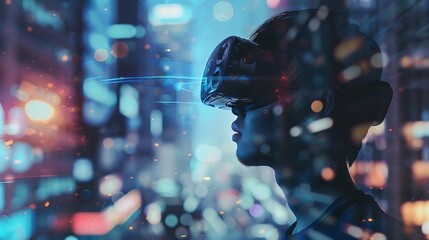 Aufkleber - Generative AI : Double exposure, young man wearing virtual reality goggles