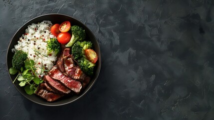 Wall Mural - Generative AI : Beef steak, rice and vegetable power bowl. Healthy balanced food concept. On a dark background, top view