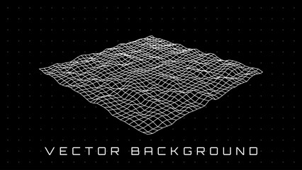 Aufkleber - Retrofuturistic Perspective Distorted Grid. Cyberpunk Design Element. 3D Grid Wireframe. Cyber Geometry for Flyer, Poster, Cover. Retrowave Style Vector Illustration.