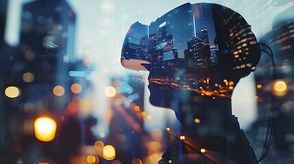 Aufkleber - Generative AI : Double exposure, young man wearing virtual reality goggles