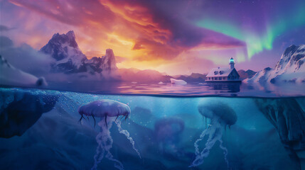 Wall Mural - Northern Ocean in half under water view with jelly fish and snow mountain at sunset with dramatic clouds