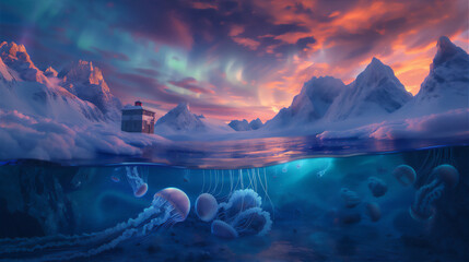 Wall Mural - Northern Ocean in half under water view with pink jelly fish and snow mountain at sunset with dramatic clouds