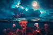 Ocean in half under water view with jelly fish and sailing ship at night with moon