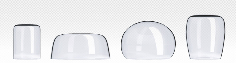 Poster - Glass transparent hemisphere dome cover. Realistic vector illustration set of glossy plastic protect bubble shield of ball and cylinder shape. Plexiglass empty jar container. Empty crystal showcase.