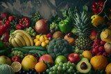 Fototapeta Kuchnia - A colorful assortment of fruits and vegetables, including apples, bananas