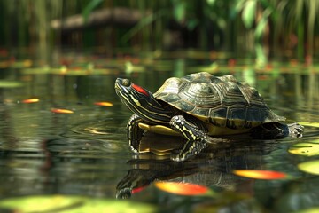 Wall Mural - freshwater red eared turtle in the swamp .