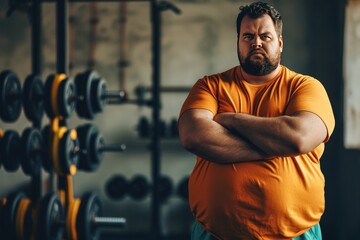 Wall Mural - A very fat young man with a sad face stands in a weight room next to dumbbells and barbells. Unsportsmanlike guy at his first workout at the gym.