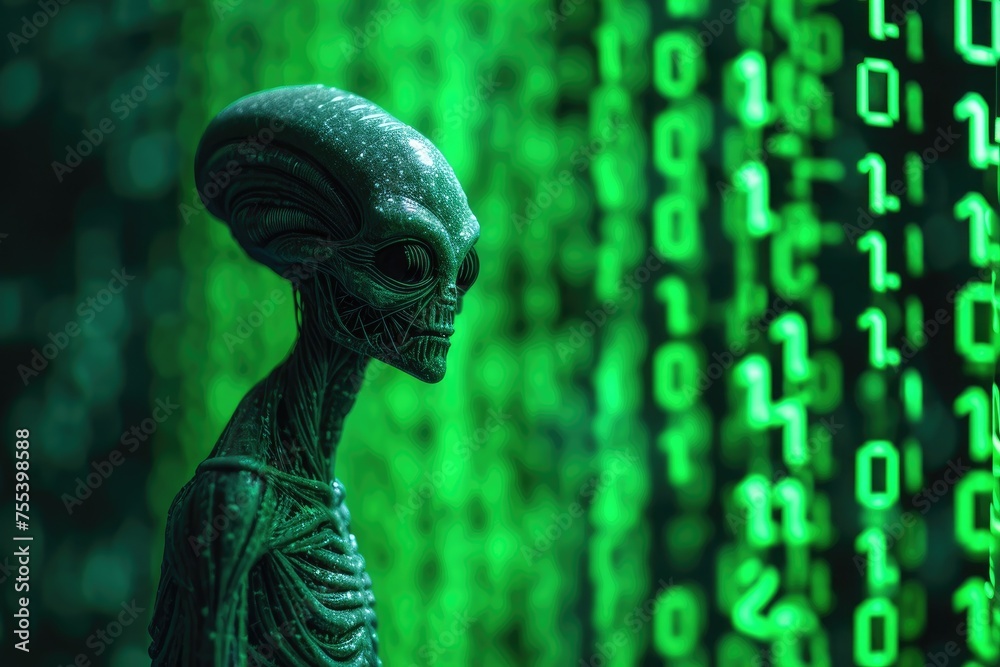 The alien stares at the wall of tumbling glowing emerald numbers and ...