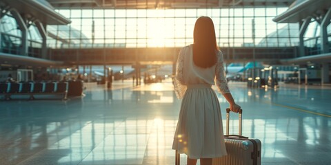 Wall Mural - Busy international airport terminal with a lovely Asian lady carrying her suitcases and moving through the airport.