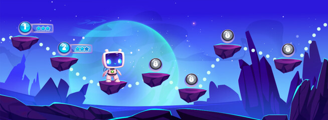 Poster - game level map with jump platform, rating stars and close tier on space alien planet background with