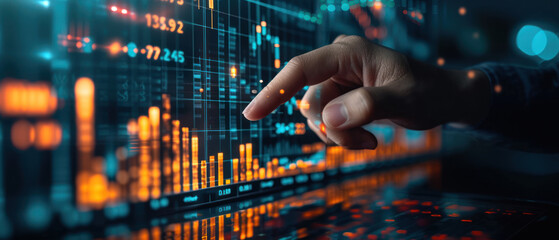 Poster - Close-up of a finger tracing trends on a digital stock market graph with glowing financial data