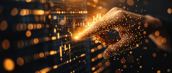 Poster - Close-up of a finger tracing trends on a digital stock market graph with glowing financial data