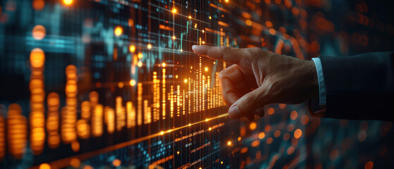 Poster - Close-up of a finger tracing trends on a digital stock market graph with glowing financial data