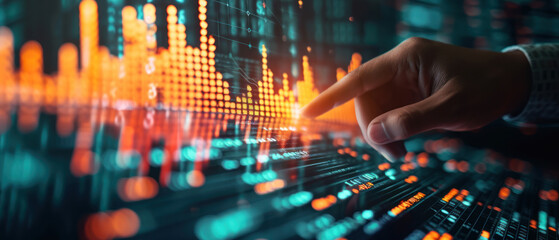 Poster - Close-up of a finger tracing trends on a digital stock market graph with glowing financial data