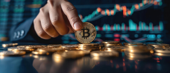 Aufkleber - Hand placing a Bitcoin on a rising digital cryptocurrency market graph, symbolizing investment growth
