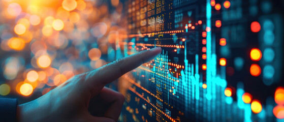 Poster - Close-up of a finger tracing trends on a digital stock market graph with glowing financial data