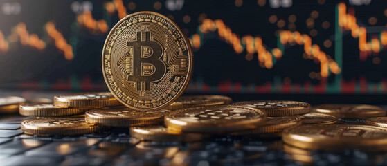 Poster - Stacks of coins on a financial graph background, representing investment growth and wealth accumulation
