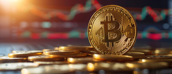 Poster - Stacks of coins on a financial graph background, representing investment growth and wealth accumulation