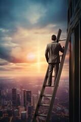 Poster - A man in a suit climbing a ladder on a building. Suitable for business and success concepts
