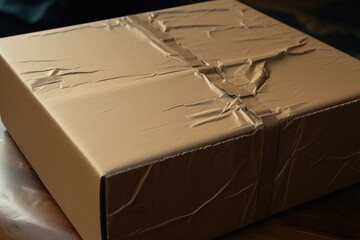 Poster - A cardboard box placed on a wooden table. Suitable for packaging or storage concepts